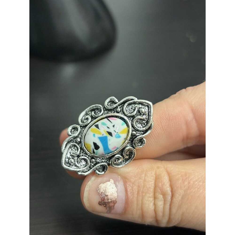 Faux Gemstone On Ornate Silver Tone Engraved Ring US-8 Gothic Boho Oval